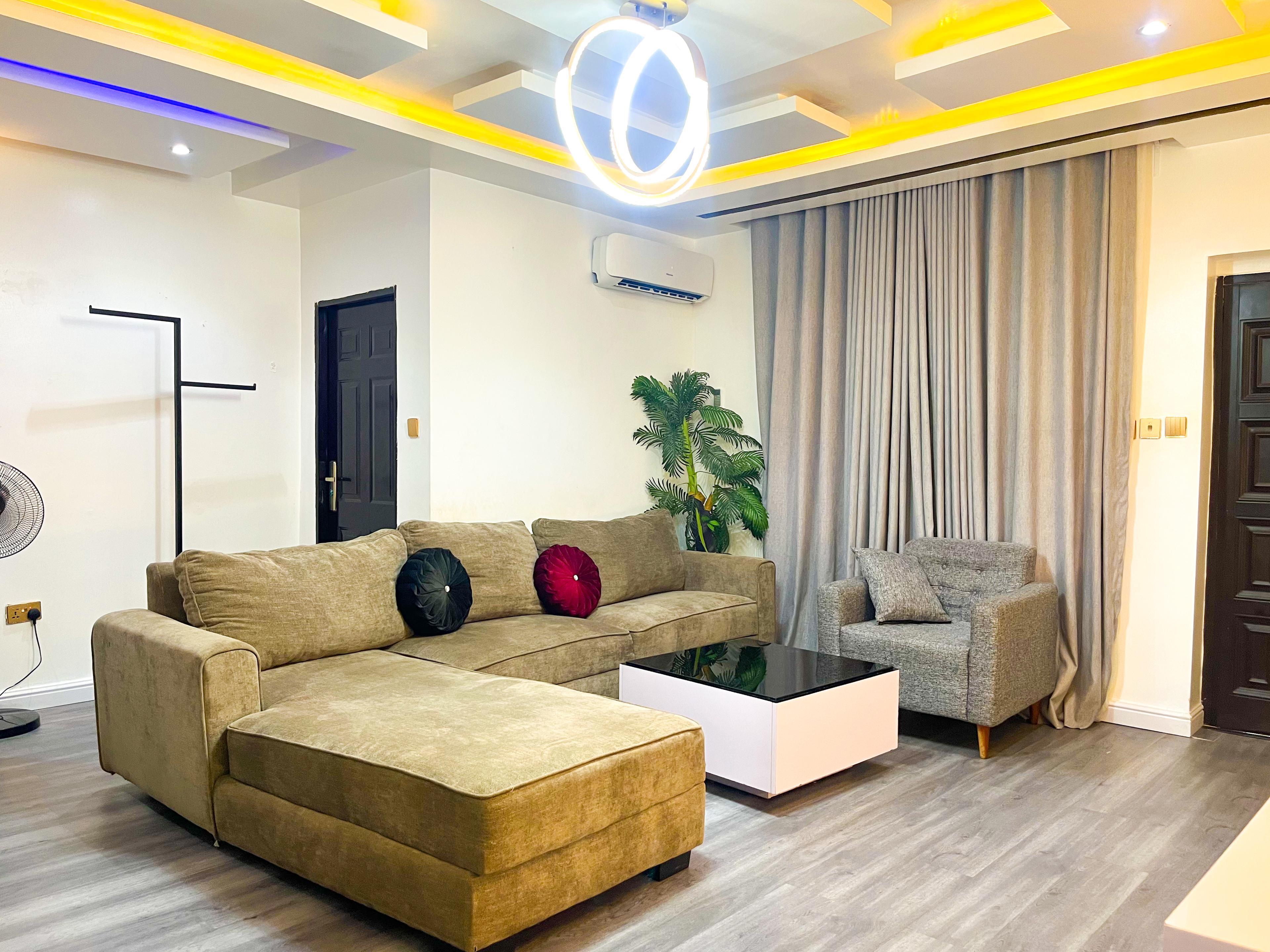 Living room at The Amethyst in Wuye, Abuja